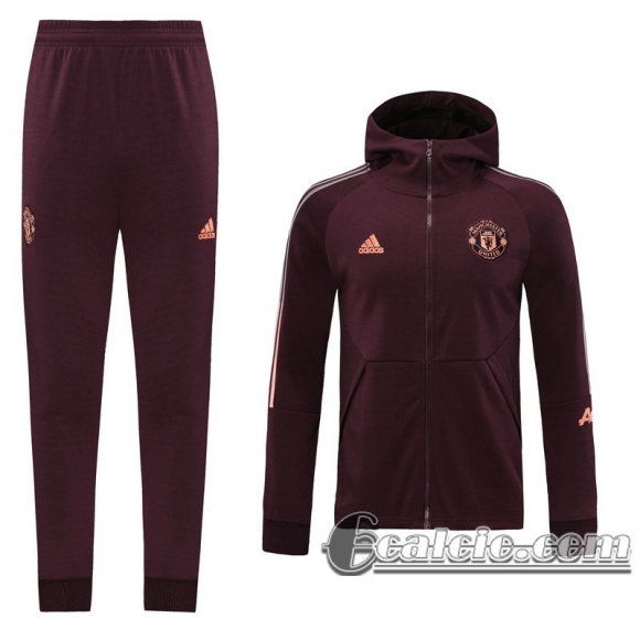 6Calcio: 2020 2021 Manchester United Full-Zip Giacca Cappuccio Maroon J129