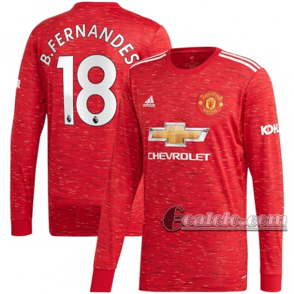 6Calcio: Prima Maglia Manchester United Bruno Fernandes #18 Manica Lunga Uomo 2020-2021