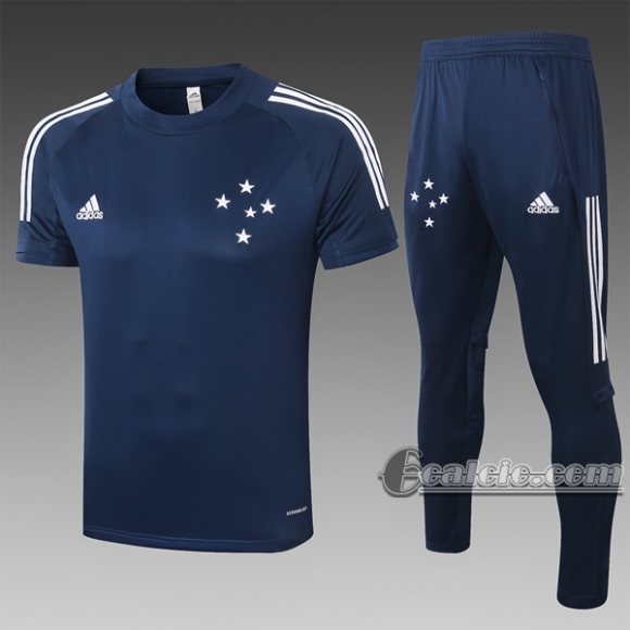 6Calcio: Maglietta Polo Shirts Cruze Manica Corta + Pantaloni Azzurra Marino C463# 2020 2021