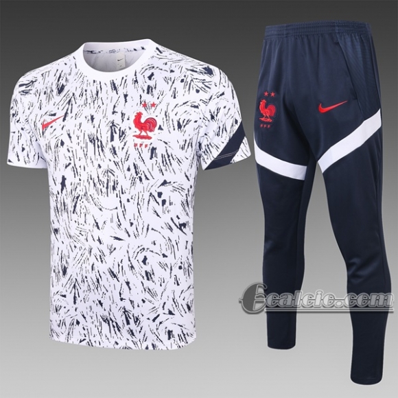 6Calcio: Maglietta Polo Shirts Francia Manica Corta + Pantaloni Bianca C475# 2020 2021