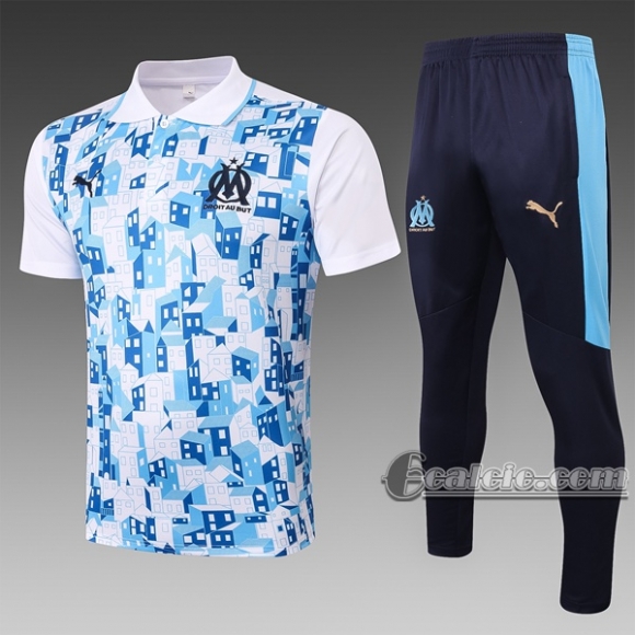 6Calcio: Maglietta Polo Shirts Olympique Marsiglia Manica Corta + Pantaloni Bianca C522# 2020 2021