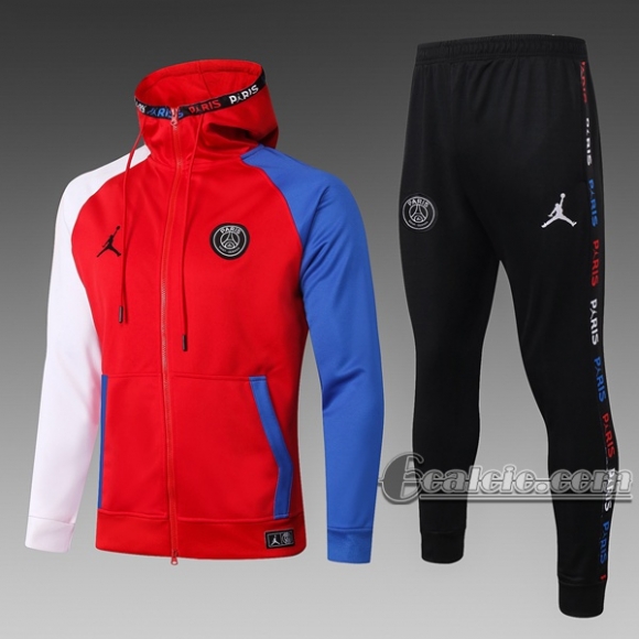 6Calcio: Giacca Tuta Air Jordan-Paris Psg Cappuccio Hoodie Full-Zip Rossa F274 2020 2021