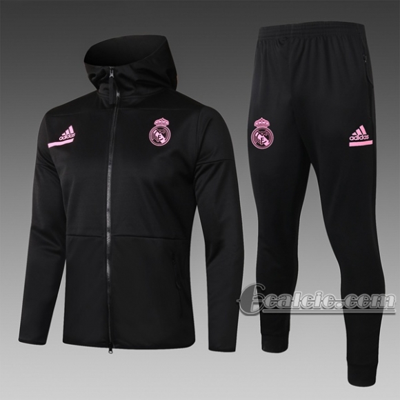 6Calcio: Giacca Tuta Real Madrid Cappuccio Hoodie Full-Zip Nera F276 2020 2021