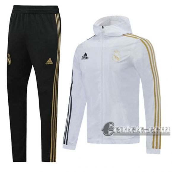 6Calcio: Giacca Tuta Real Madrid Cappuccio Hoodie Antivento Full-Zip Bianca 2020 2021