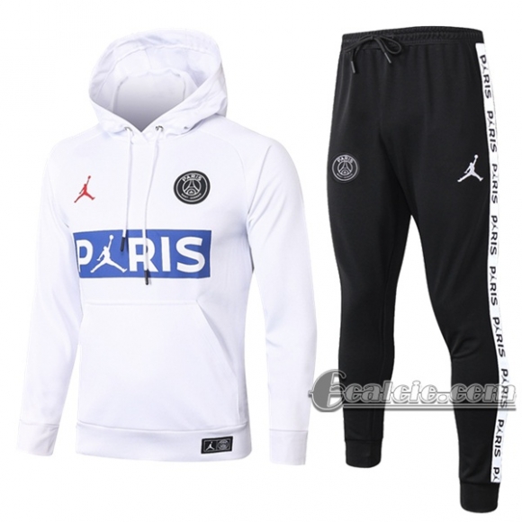 6Calcio: Felpa Tuta Air Jordan-Paris Psg Cappuccio Hoodie Bianca 2020 2021