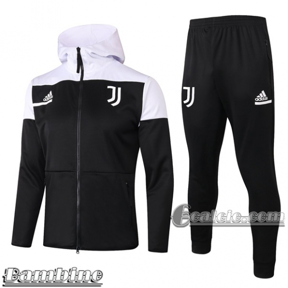 6Calcio: Full-Zip Giacca Tuta Bambino Cappuccio Juventus Nera Bianca E489 2020 2021