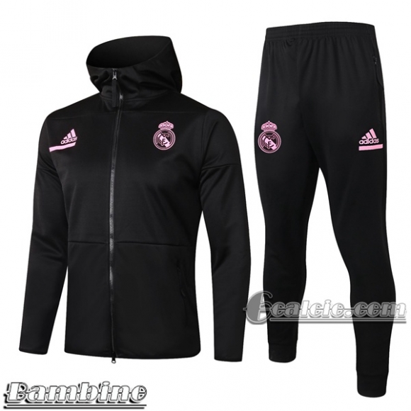 6Calcio: Full-Zip Giacca Tuta Bambino Cappuccio Real Madrid Nera E498 2020 2021