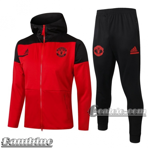 6Calcio: Full-Zip Giacca Tuta Bambino Cappuccio Manchester United Rossa E501 2020 2021